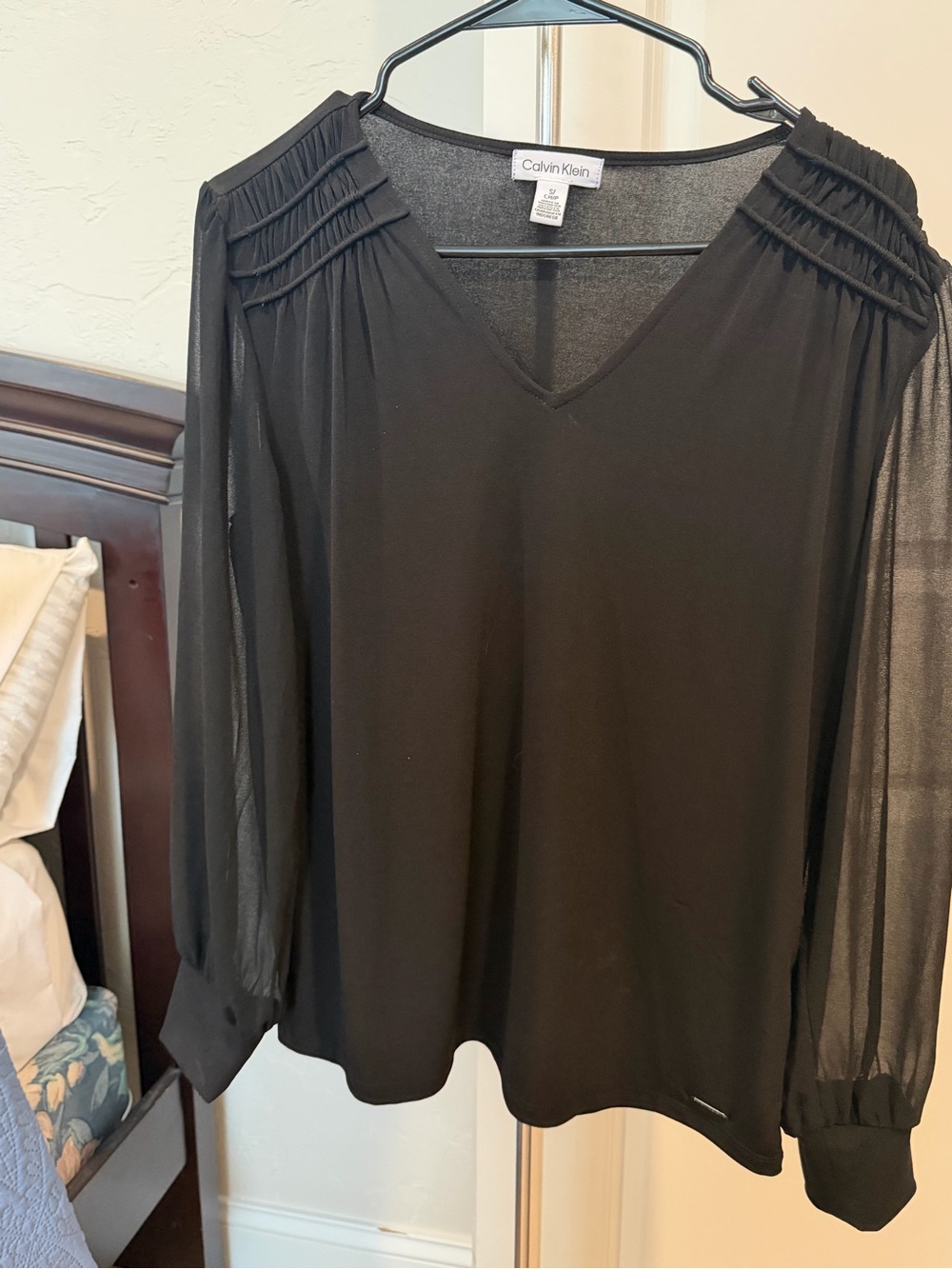 Calvin Klein Black V-Neck Sheer-Sleeve Blouse with Pleated Shoulders